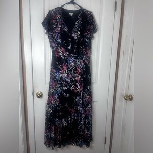 Floral V-Neck Maxi Dress in Black with Pink & Blue Accents